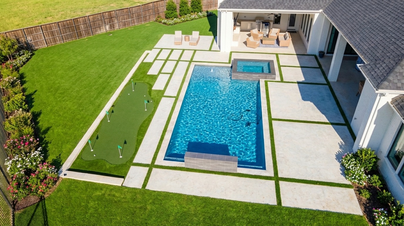 Custom pool with putting green and water features by Prestige Pool & Patio in Prosper, TX