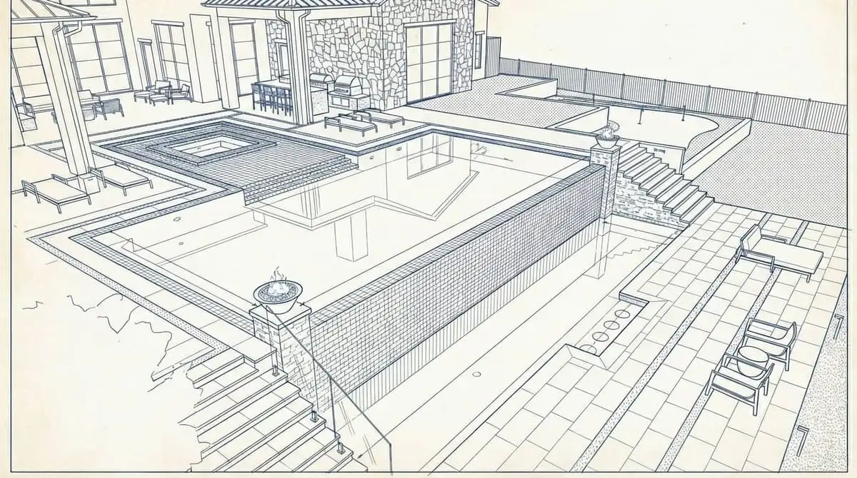 Custom pool architectural rendering — 3D design by Prestige Pool & Patio